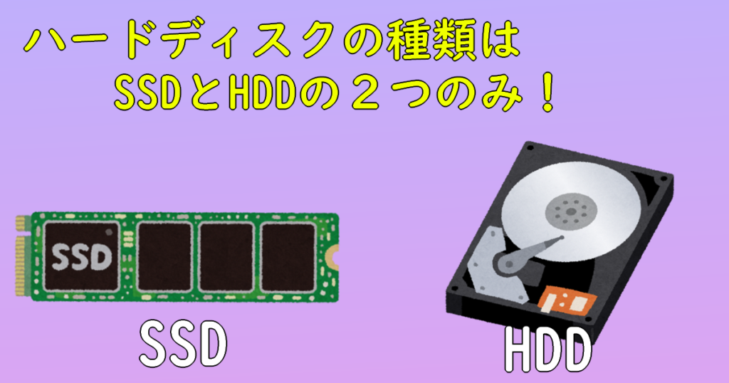 ハードディスクにもSSDやHDDの２つがあります。